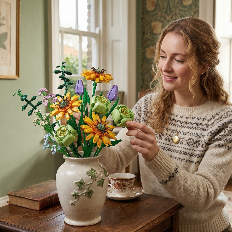 A woman smiling as she arranges the Sunflower Serenade building blocks, emphasizing the interactive DIY joy of creating lasting floral home ornaments.
