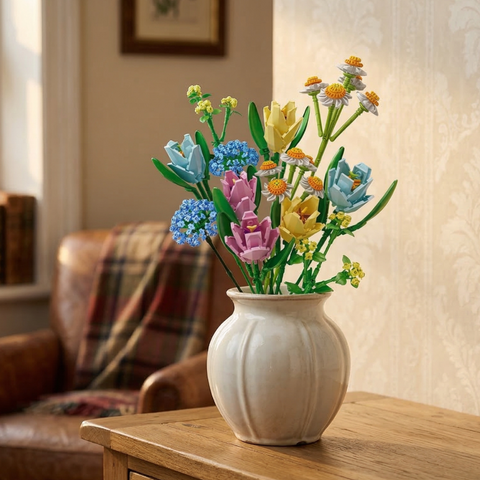A Mavirea Spring Pastel Bouquet in a white ribbed vase on a wooden side table, adding a fresh, eternal floral touch to a cozy living room setting.