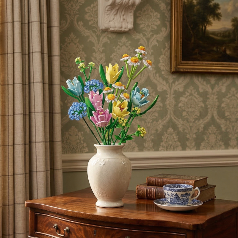 Mavirea’s Spring Pastel Bouquet styled on a vintage dresser alongside antique books and a classic teacup, an ideal eternal gift for a refined home.