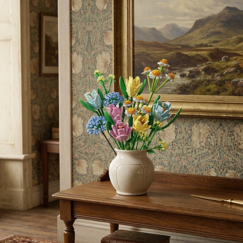 An elegant Mavirea Spring Pastel Bouquet displayed in a traditional interior, blending building block artistry with classic floral wallpaper and landscape art.