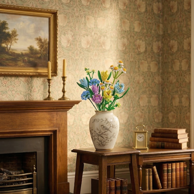 The Spring Pastel Bouquet by Mavirea in a bird-patterned vase, placed on a wooden pedestal to brighten a warm study room near a fireplace.