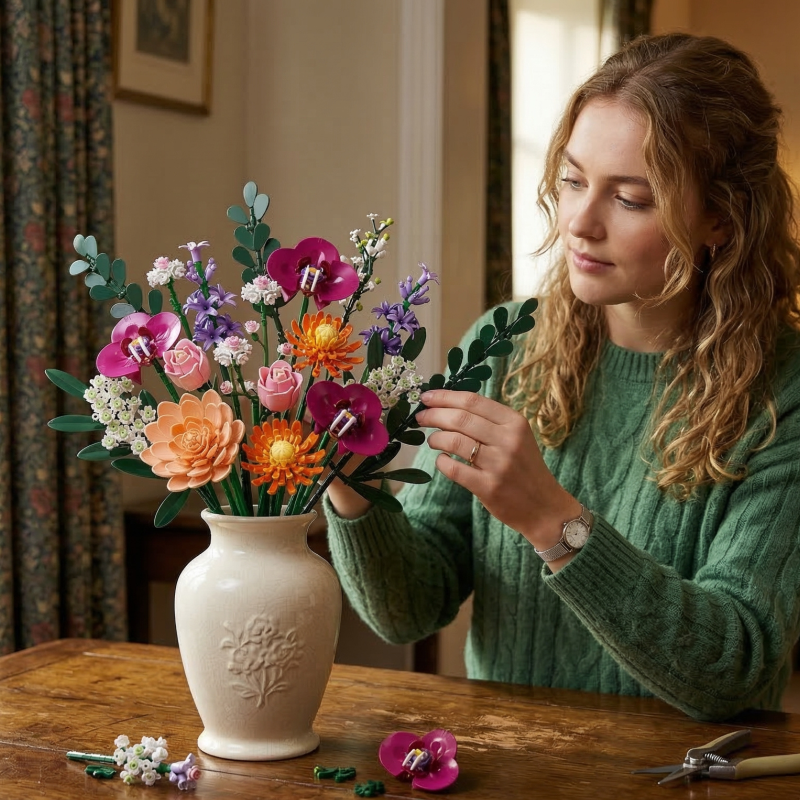 Close-up of a woman Mavirea floral, highlighting the DIY joy of these eternal decorative gifts.
