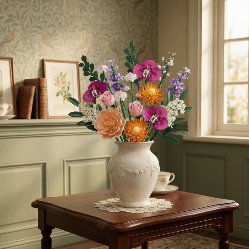Mavirea orchids and daisies in a vintage vase on a lace doily, perfect for elegant interior styling.