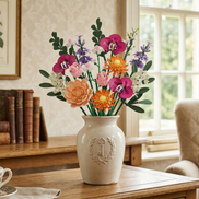 An eternal Mavirea floral arrangement in a crest-embossed vase, styled with antique books for a sophisticated study accent.