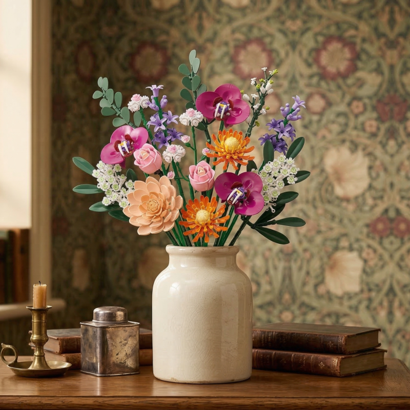 Mavirea flowers paired with a brass candlestick and floral wallpaper, emphasizing their charm as permanent home ornaments.