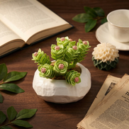 Mavirea's green succulent block set styled on a desk with a teacup and open book, highlighting its charm as an eternal and maintenance-free gift for a study or workspace.