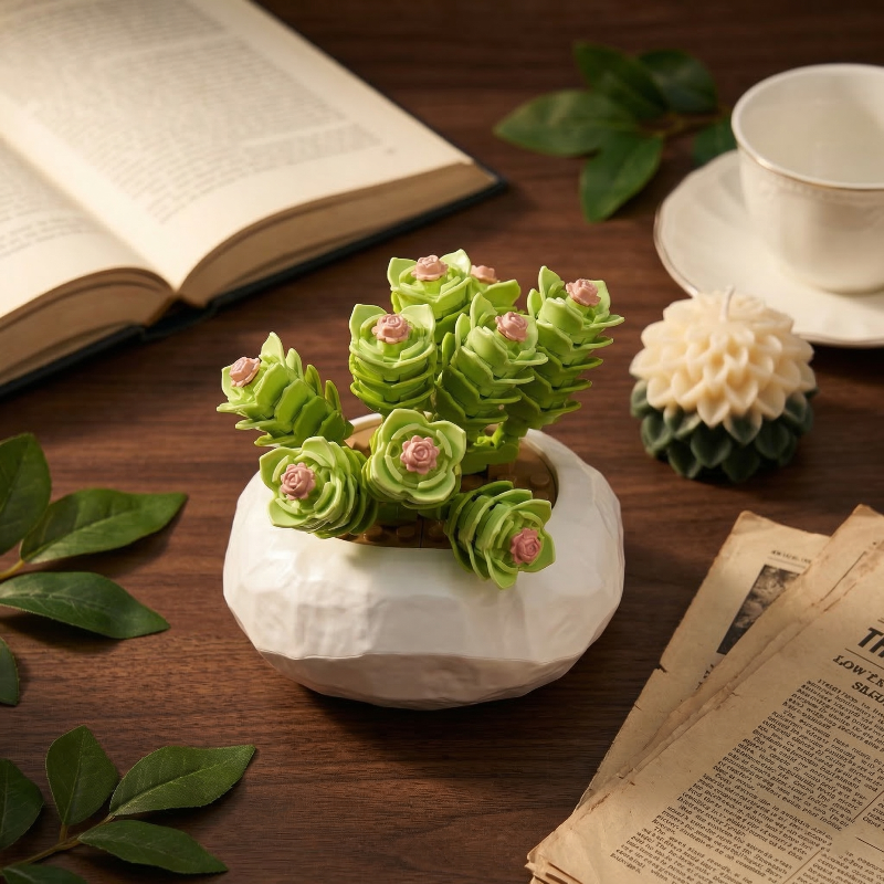 Mavirea's green succulent block set styled on a desk with a teacup and open book, highlighting its charm as an eternal and maintenance-free gift for a study or workspace.