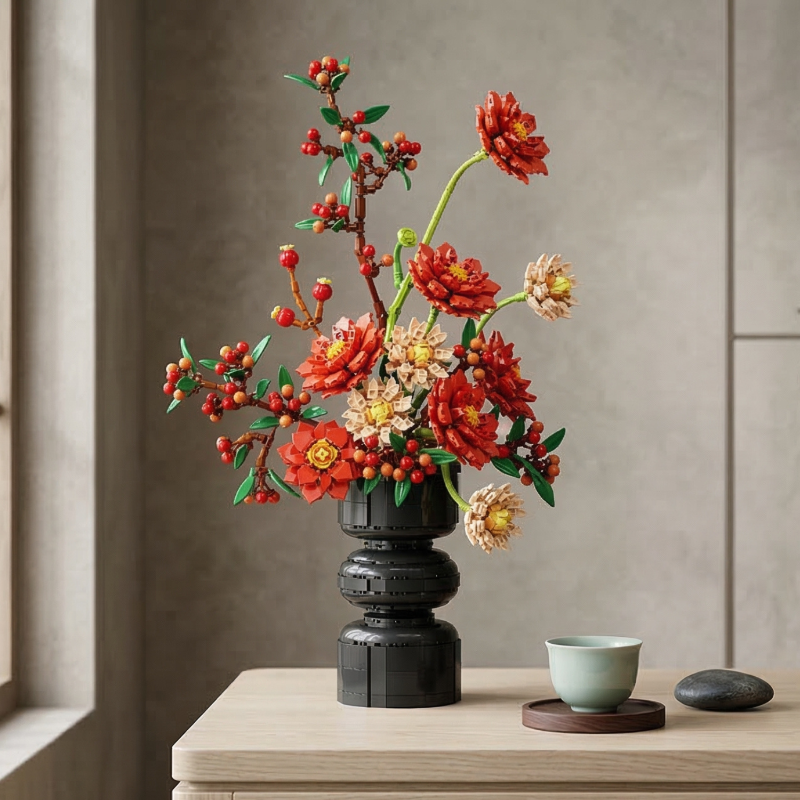 A Mavirea Chinese-style building block flower arrangement in a black tiered vase, styled with a teacup for a serene home decor accent.