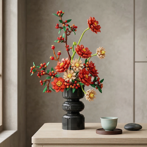 A Mavirea Chinese-style building block flower arrangement in a black tiered vase, styled with a teacup for a serene home decor accent.