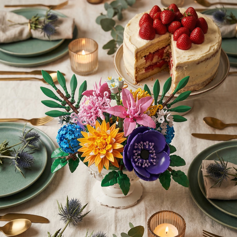 A festive dining table setting featuring a Mavirea building block bouquet alongside a strawberry cake and candles, perfect for celebrations and eternal gifting.