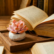 An orange-tipped Echeveria Choux Cream  succulent from Mavirea placed inside a wooden tray with an open vintage book, capturing the essence of timeless study decor.
