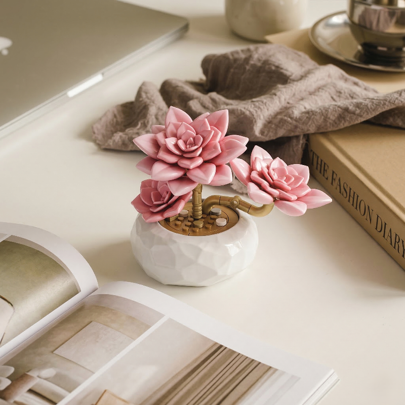 Stylish Mavirea pink succulent block arrangement on a bright desk with a laptop and magazine, a creative decorative piece for contemporary homes.