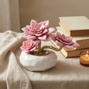 Mavirea pink succulent building blocks on a linen tablecloth with a candle and books, capturing a warm and eternal floral gift aesthetic.