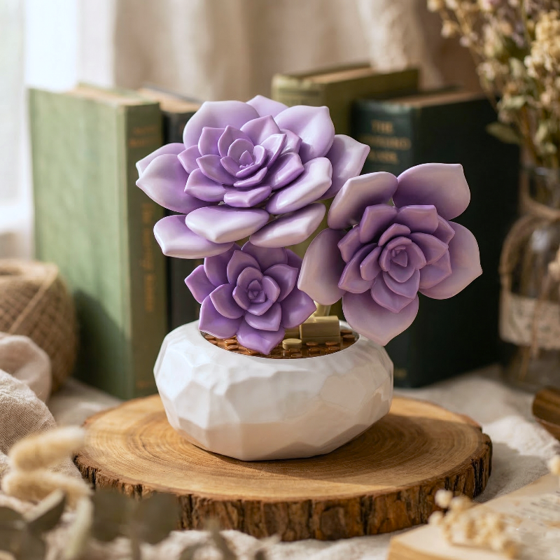 Close-up of purple Mavirea's building block Succulent on a rustic wooden slice coaster, highlighting detailed craftsmanship for nature-inspired decor.