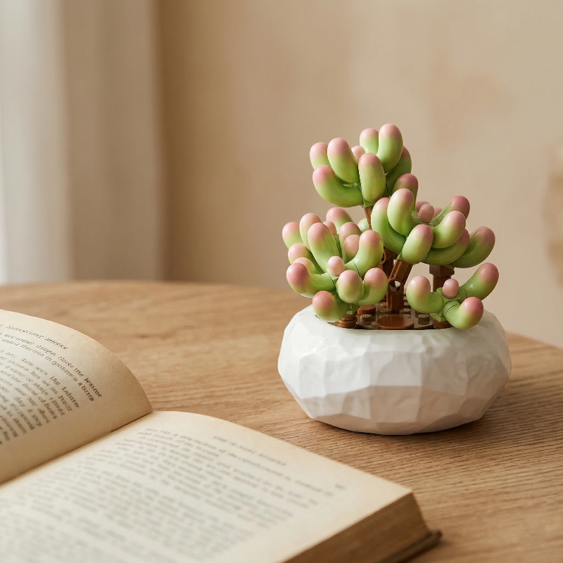 A Mavirea building block Jelly Bean succulent paired with an open vintage book on a wooden surface, ideal for an artistic and peaceful reading corner.