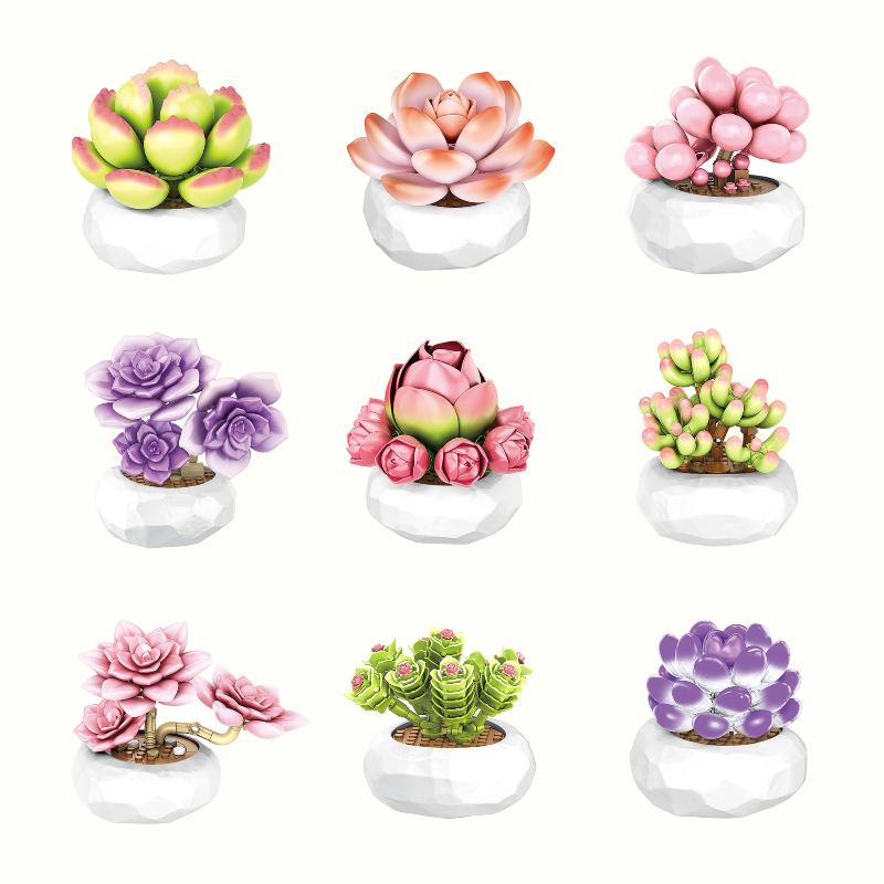 A collection of nine diverse Mavirea succulent sets in minimalist white pots, featuring vibrant colors and unique shapes for a versatile home decor display.