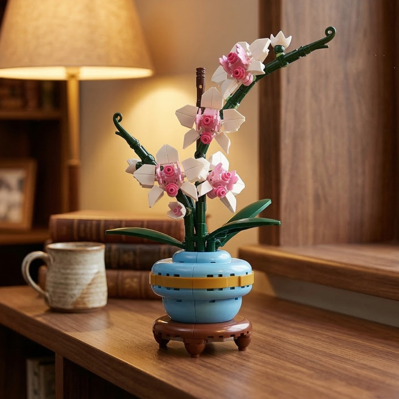 Mavirea Orchid Potted Plant placed on a wooden study shelf alongside a ceramic mug, creating a serene and everlasting workspace atmosphere.