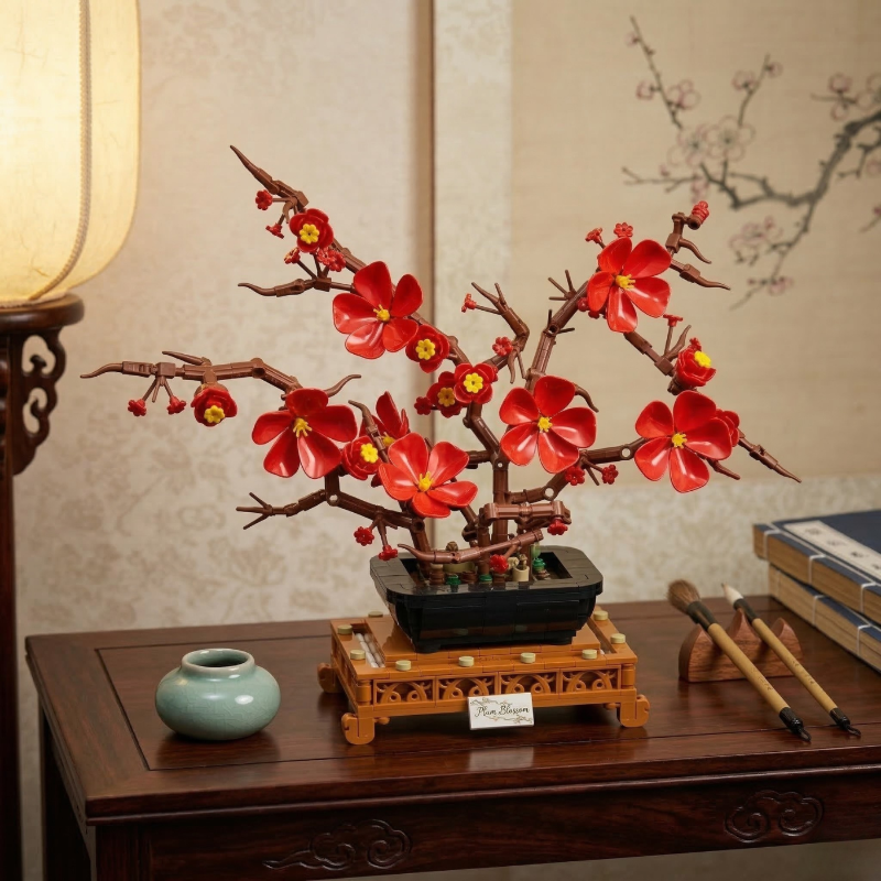 A Mavirea Plum Blossom Potted building block set displayed on a dark wood console under warm, soft lighting, featuring vibrant red blooms that bring a Zen-inspired aesthetic to modern home decor.