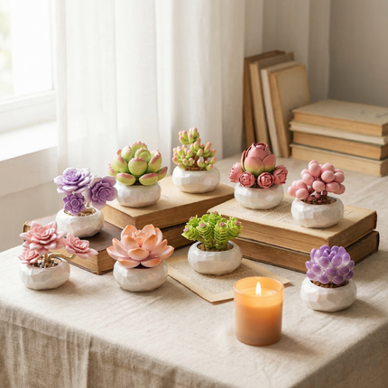A cozy lifestyle scene featuring Mavirea succulent arranged on vintage books alongside a lit candle, showcasing their charm as warm and eternal decorative gifts.