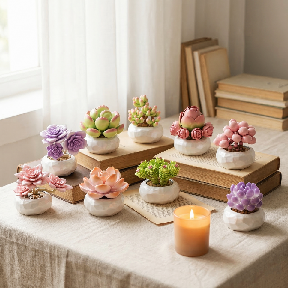 A cozy lifestyle scene featuring Mavirea succulent arranged on vintage books alongside a lit candle, showcasing their charm as warm and eternal decorative gifts.