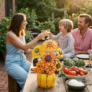 The Mavirea Sunflower building block centerpiece takes center stage on an outdoor dining table during a joyful family gathering, symbolizing warmth and lasting memories.