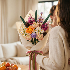 The ultimate eternal gift: a beautiful Whispering Pines Floral bouquet by Mavirea, elegantly wrapped in parchment paper with a ribbon, ready to be presented as a lasting token of affection.