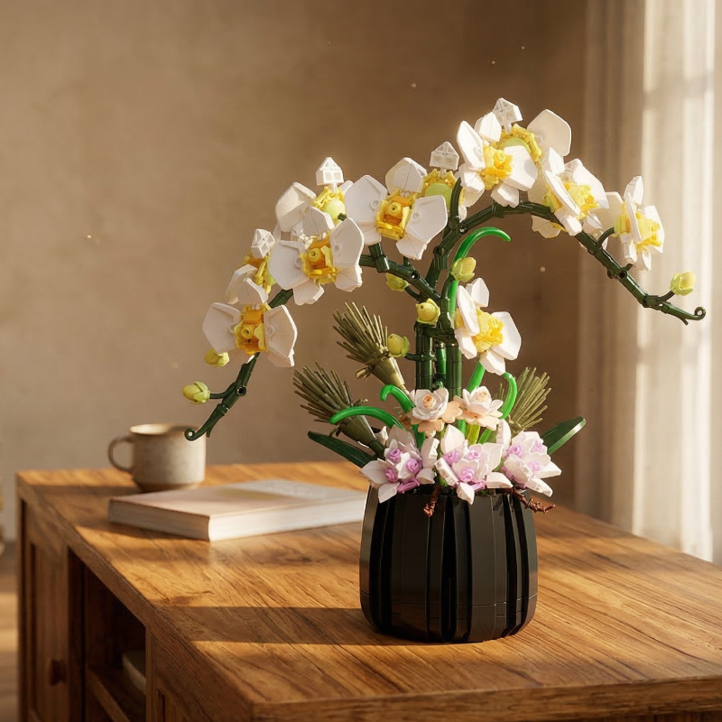 Sunlit White Orchid building block flowers by Mavirea on a wooden cabinet, providing a maintenance-free and everlasting natural touch to any room.
